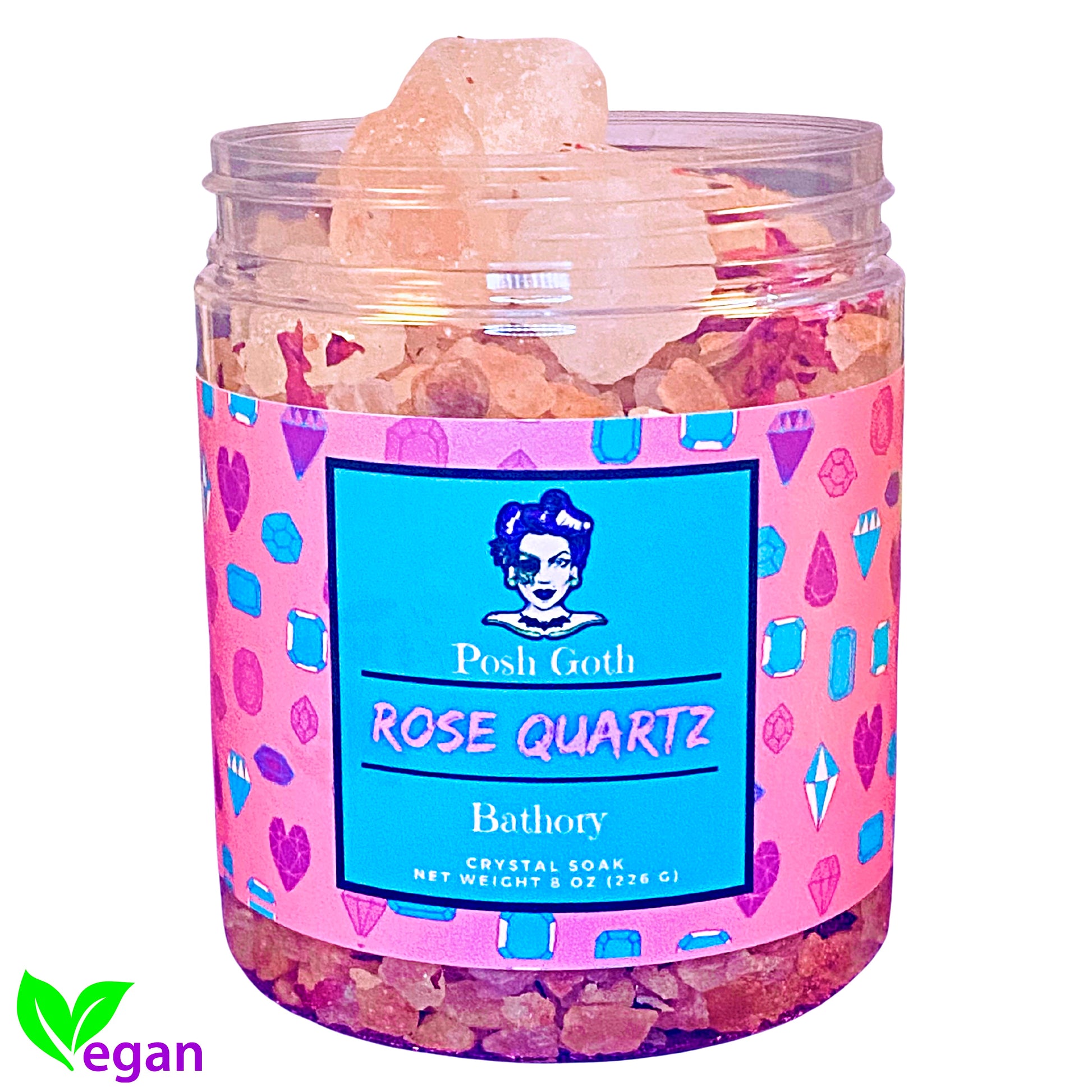 ROSE QUARTZ 8 oz - Himalayan Salt Bath Crystals and Rose Petal Bath Soak - Posh Goth - Posh Goth -  